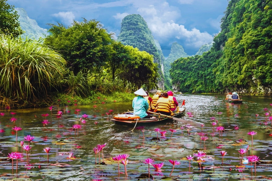 Tourists boating through lotus fields in Trang An Ninh Binh Vietnam – Auasia Travel